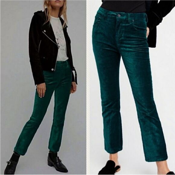 Free People- Women’s Crushed Velvet Emerald Green Sweet Jane Crop Pant, Size 26 - Picture 1 of 12
